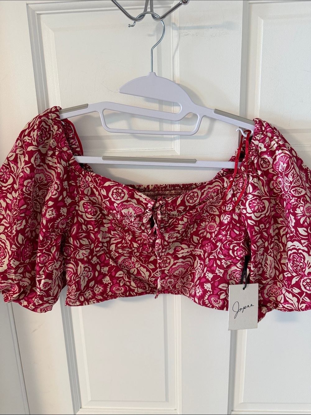 NWT Japna Floral Smocked Crop Burgundy White Tie Front Blouse Boho Size Small